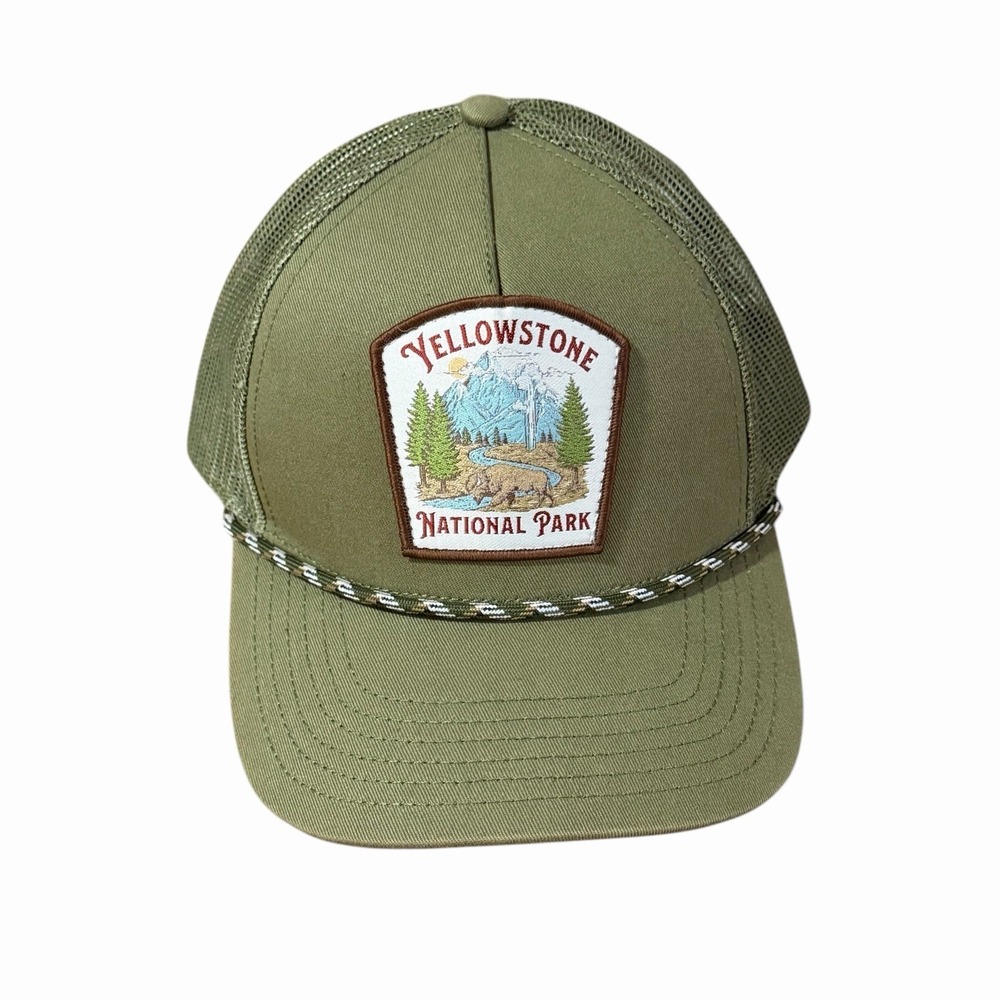 Yellowstone National Park Hat Cap Trucker Mad Engine Rope Snapback Green Patch‎